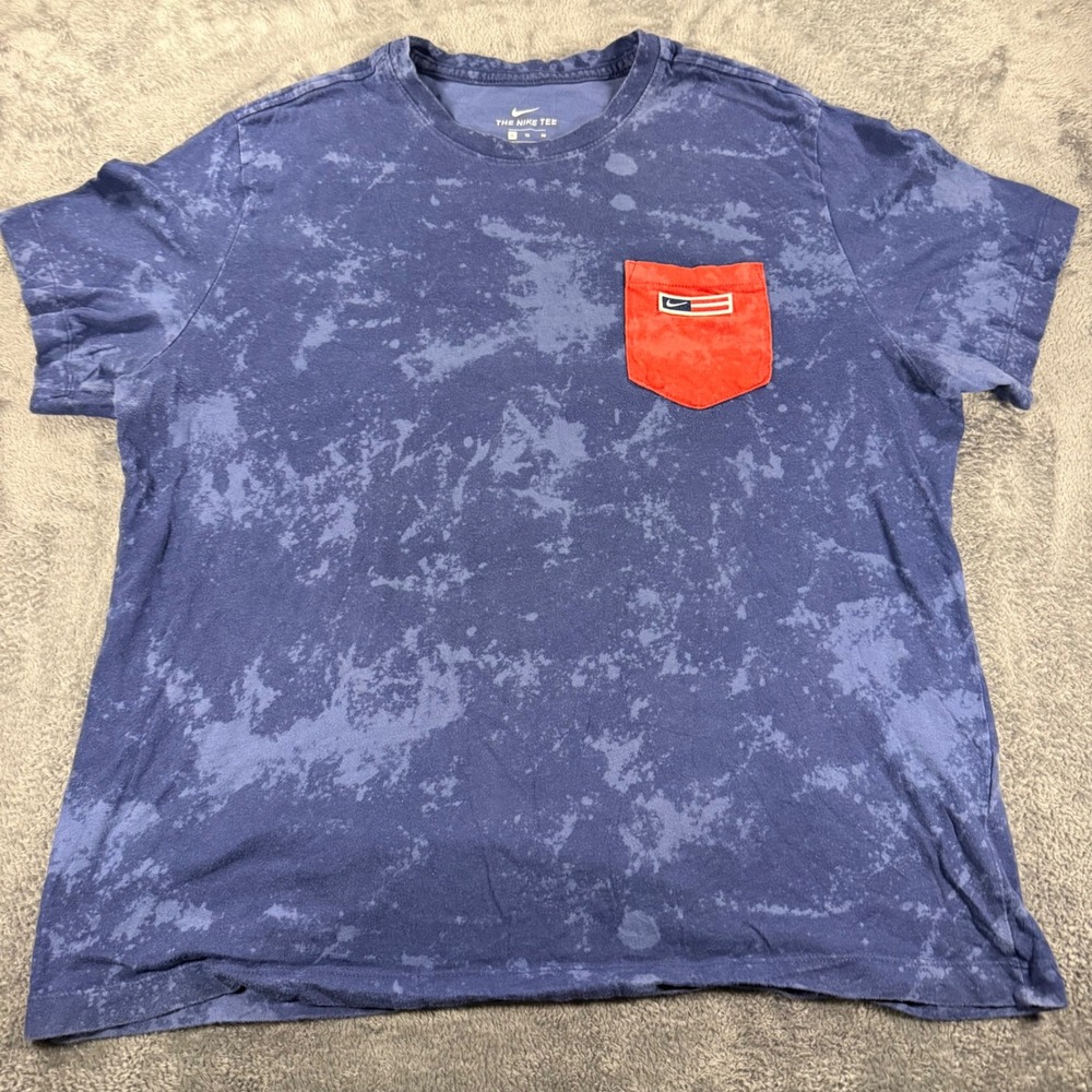Nike Mens XL Blue Acid Wash Tie‎ Dye Pocket T-Shirt Red Topography USA Soccer
